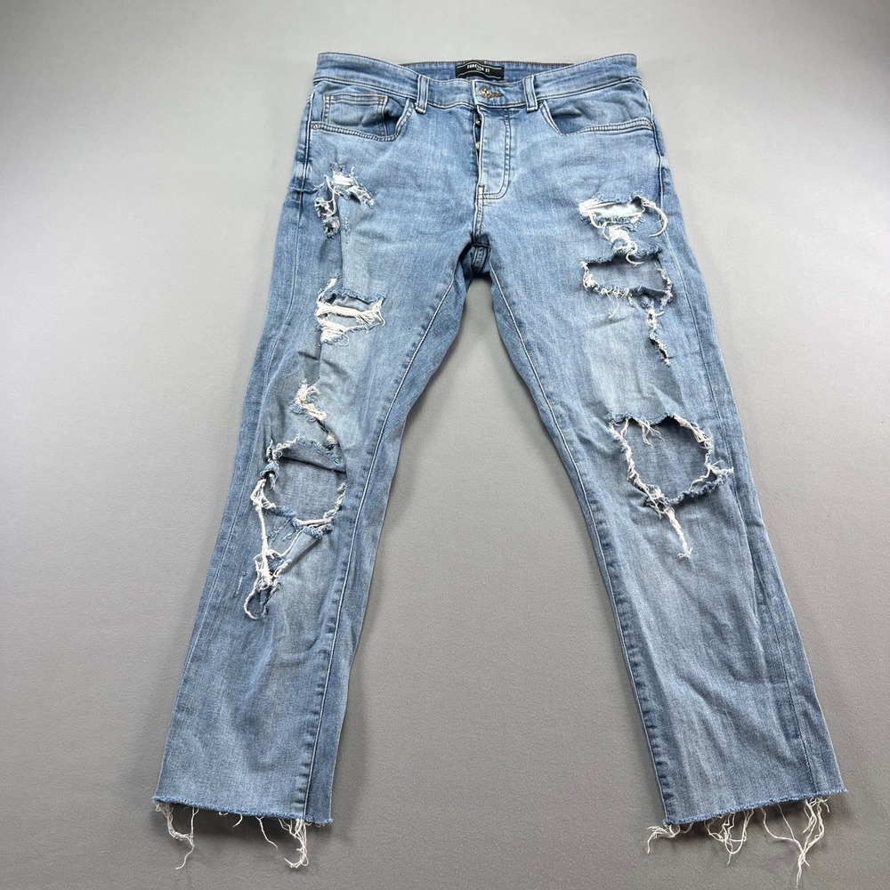 Forever 21 Ripped Jeans Mens 32 Blue Denim Cotton Stretch Light Wash Frayed Hem